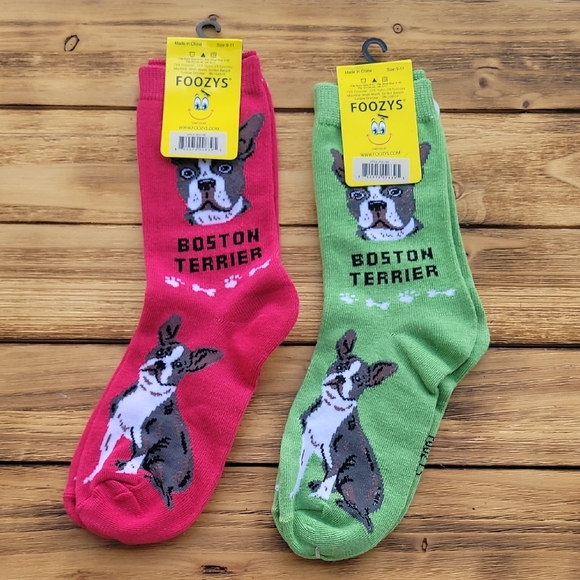 Foozys Unisex Boston Terrier Socks - Magenta and Green - Picture 2 of 3